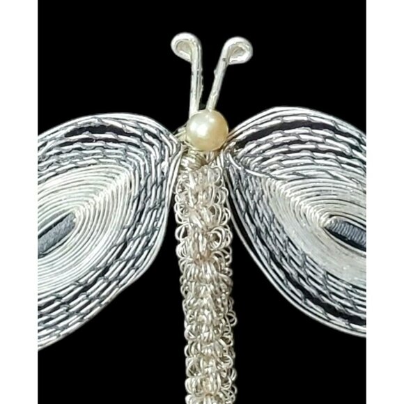 VTG Spun Butterfly Brooch Pin Silver Tone Woven Wire Dragon Fly Moth Faux Pearl - Picture 3 of 6